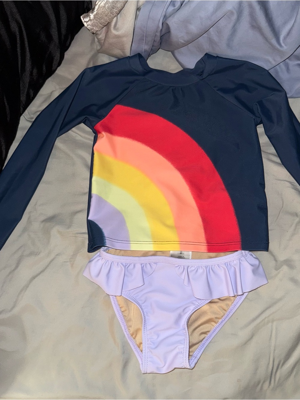 Old Navy Navy Long-Sleeve Rash Guard with Rainbow Print and Lilac Bottoms